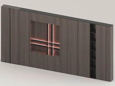 Wooden Background Wall With Red Lit Grid Design And Storage Compartments 3d model
