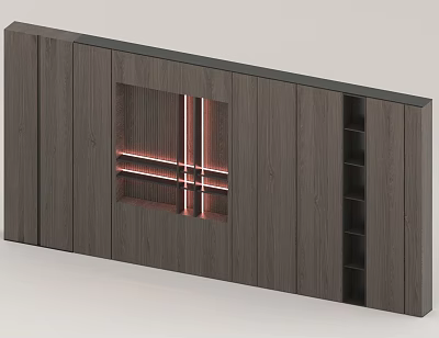 Wooden Background Wall With Red Lit Grid Design And Storage Compartments 3d model