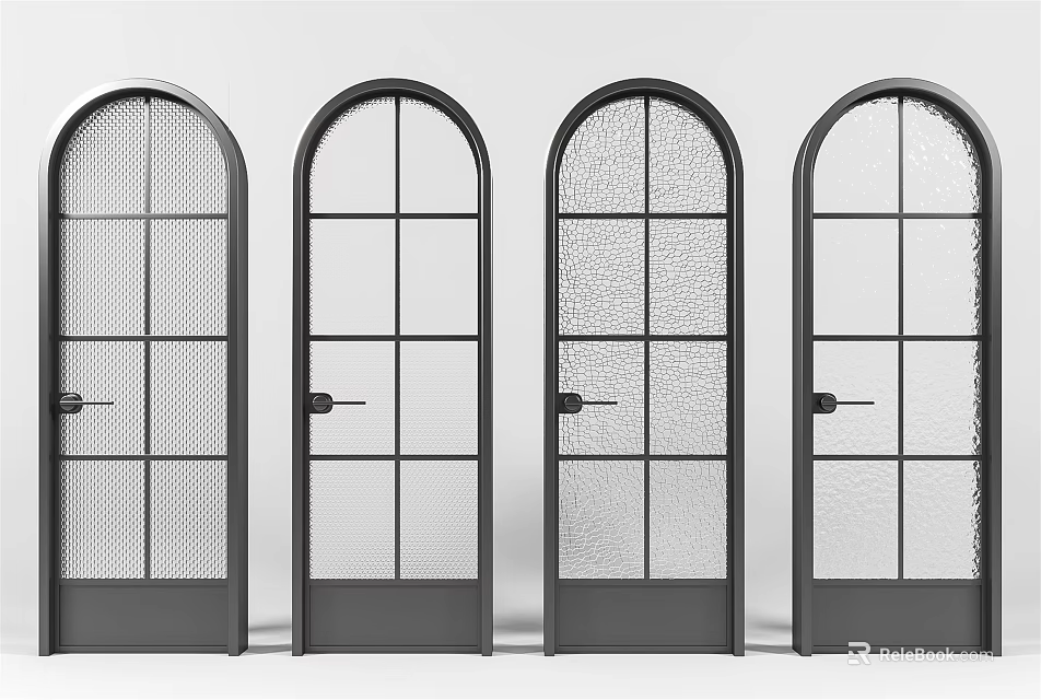 Modern Arched Interior Doors With Varied Glass Patterns And Black Frames 3d model 
