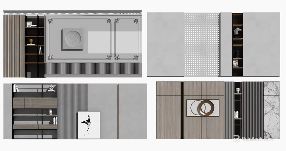 Modern Sofa Backdrop Wall Design With Textured Panels Artwork And Floating Shelves 3d model