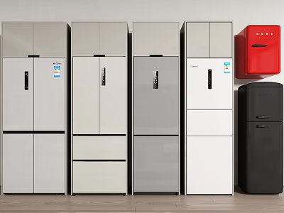 Various Colorful Refrigerators and Freezers in Modern Display with Different Door Styles 3d model