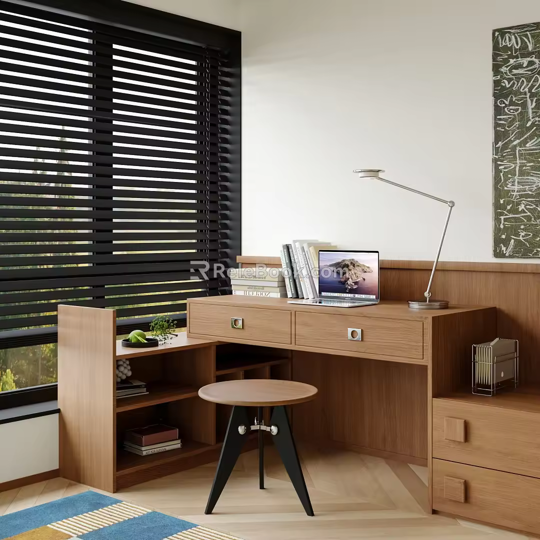 Modern Solid Wood Desk Chair Custom Desk Single Stool Metal Table Lamp Laptop Books 3d model