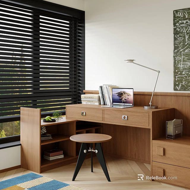 Cozy Wooden Dining Table Set with Stool Near Window Blinds and Wall Art 3d model 