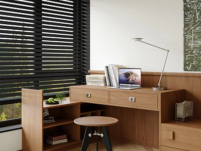Cozy Wooden Dining Table Set with Stool Near Window Blinds and Wall Art 3d model