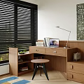 Modern Solid Wood Desk Chair Custom Desk Single Stool Metal Table Lamp Laptop Books 3d model
