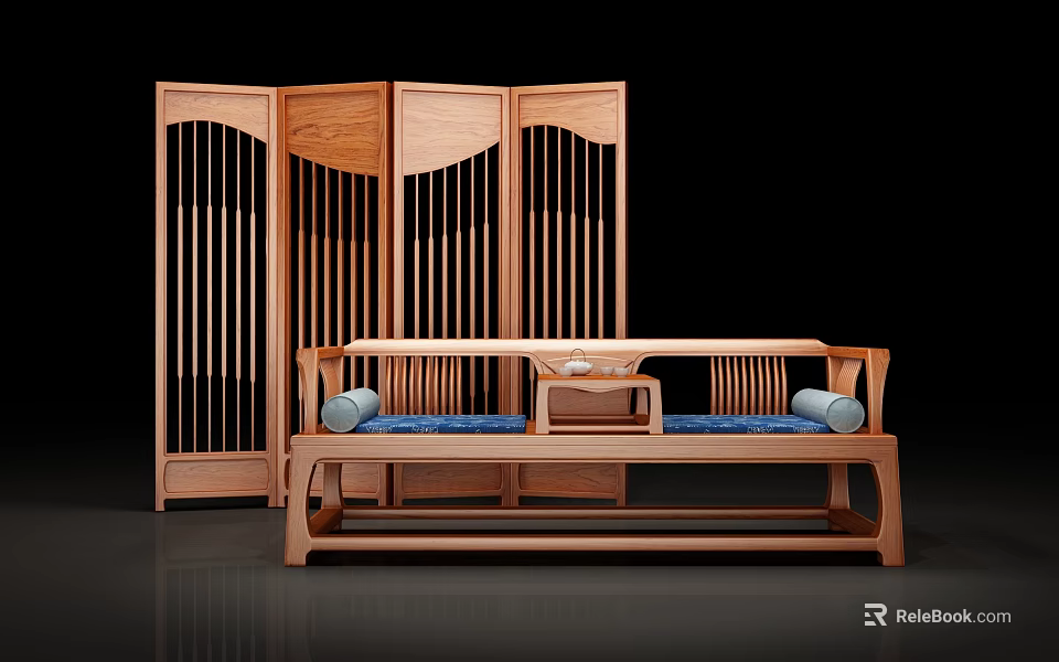Traditional Chinese Wooden Sofa Set With Blue Cushions And Wooden Partition Screen 3d model 