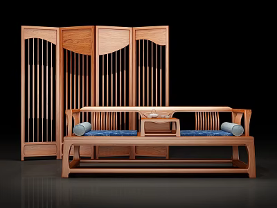 Traditional Chinese Wooden Sofa Set With Blue Cushions And Wooden Partition Screen 3d model