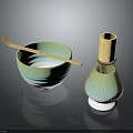 Green Bowl With Liquid Inside And Wooden Spoon Bamboo Striped Container Daily Use