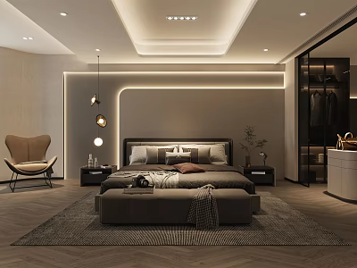 Modern Bedroom Interior Design With Bed Bench Accent Chair Warm Lighting And Wardrobe 3d model