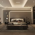 Modern Bedroom Interior Design With Bed Bench Accent Chair Warm Lighting And Wardrobe