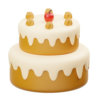 Two Layer Yellow Cake With White Dripping Frosting Topped With Red Apple And Yellow Pastries 3d model