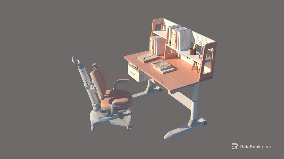 Kids Pink Study Chair With Adjustable Wheels Backrest And Desk Set 3d model 