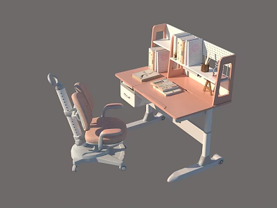 Kids Pink Study Chair With Adjustable Wheels Backrest And Desk Set 3d model