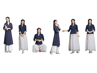 Elegant Woman In Blue Top And White Skirt Showing Various Standing And Sitting Poses 3d model
