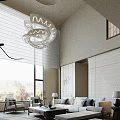 Modern Elegant Living Room with High Ceiling Round Chandelier Floor to Ceiling Windows Blinds Marble Walls