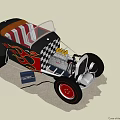 Vintage Black Convertible Car with Flame Design Large Red Rims and White Tires