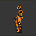 Orange Mechanical Robot Game And Movie Character With Antennae Holding Weapon