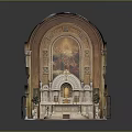 Ornate Church Altar With Arched Structure Mural Painting And Decorative Columns