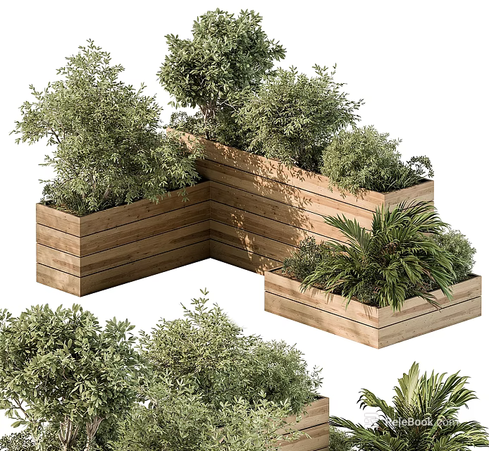 Decorative Wooden Corner Garden Planters With Various Green Plants And Lush Foliage 3d model 