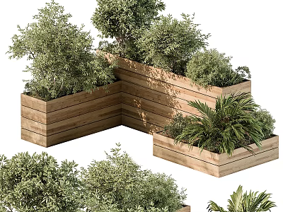 Decorative Wooden Corner Garden Planters With Various Green Plants And Lush Foliage 3d model