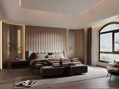 Modern Bedroom Interior With Wooden Panel Bed Pillows Bench And Large Window 3d model