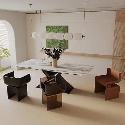 Modern Dining Table Set With Marble Top Stylish Chairs Pendant Lights And Decorative Painting 3d model