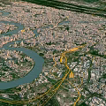 Aerial Urban Planning Layout of City with Winding River and Green Surroundings