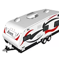 White Towable Caravan With Red Black Accents Explorer Logo Windows And Roof Equipment
