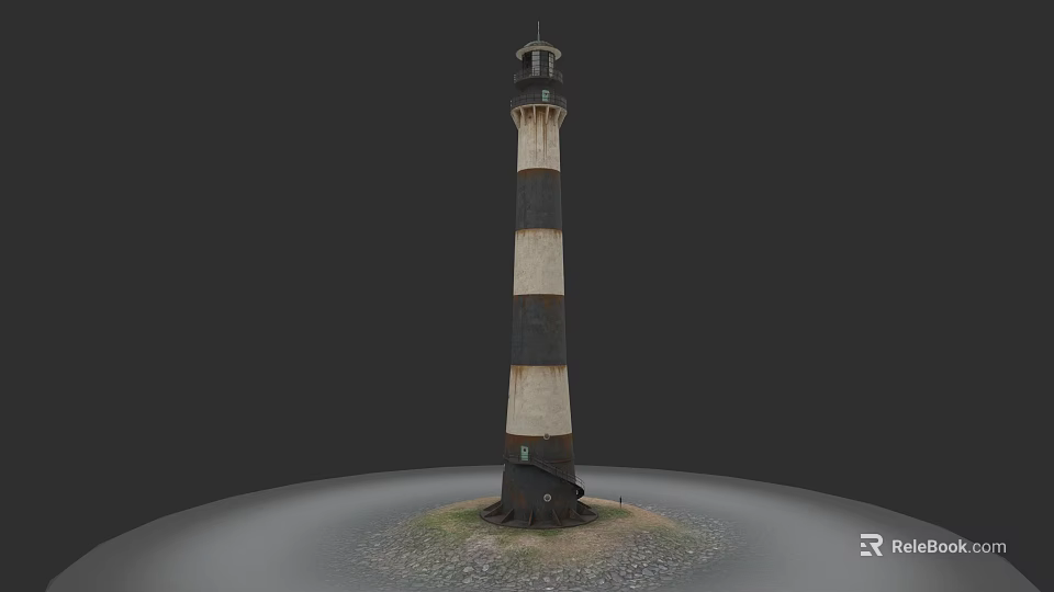 Scenic Garden Landscape With Black and White Striped Lighthouse on Stone Ground 3d model 