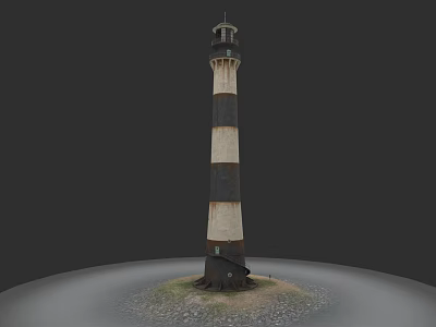 Scenic Garden Landscape With Black and White Striped Lighthouse on Stone Ground 3d model
