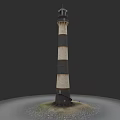 Scenic Garden Landscape With Black and White Striped Lighthouse on Stone Ground