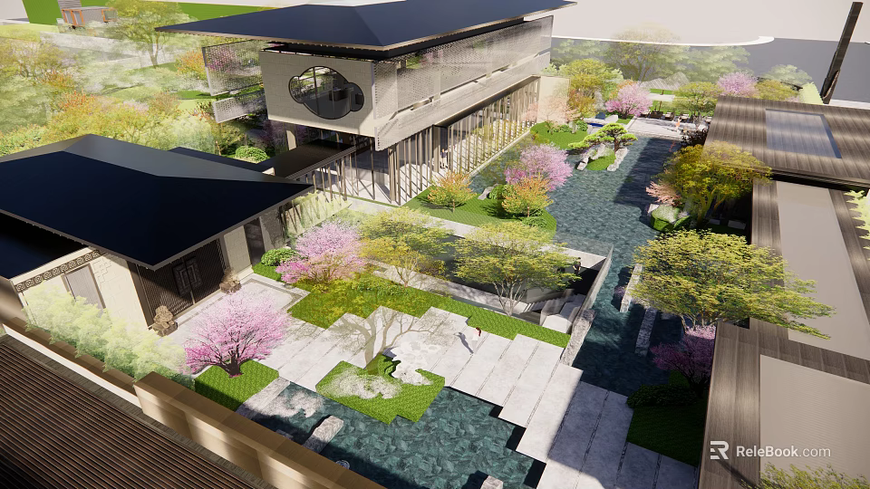 Modern Garden Landscape Design With Water Features Cherry Blossom Trees And Stone Pathways 3d model 