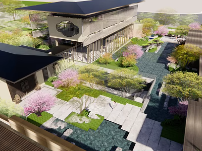 Modern Garden Landscape Design With Water Features Cherry Blossom Trees And Stone Pathways 3d model