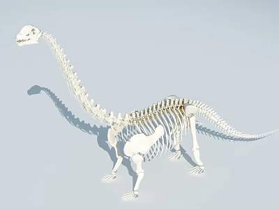 Complete White Dinosaur Skeleton With Long Neck Tail And Light Blue Background 3d model