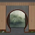 Elegant Modern Elevator Hallway Featuring Wooden Panels Circular Arch And Green Plants 3d model