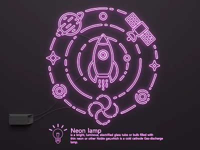 Neon Lamp Combination With Rocket Planets Satellite Stars And Decorative Design 3d model