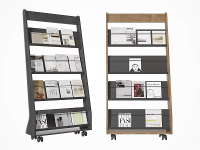 Modern Black and Wooden Bookcases with Wheels and Multiple Shelves Holding Magazines 3d model