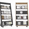 Modern Black and Wooden Bookcases with Wheels and Multiple Shelves Holding Magazines
