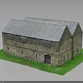 Detailed Old Style Stone Barn Model With Gray Roof And Green Base