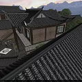Traditional Chinese Homestay Architecture with Black Tile Roofs Mountain View and Outdoor Courtyard Seating