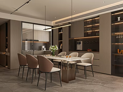 Modern Restaurant Interior With Dining Table Chairs Pendant Lights And Decorative Plants 3d model