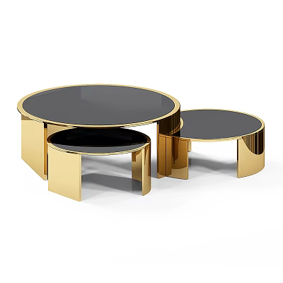 Modern Minimalist Tea Table Set With Golden Frame And Black Round Tabletop 3d model