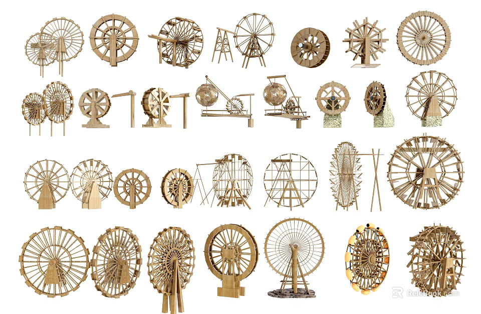 Various Wooden and Metal Garden Ornaments Including Windmill and Waterwheel Decorative Pieces 3d model 