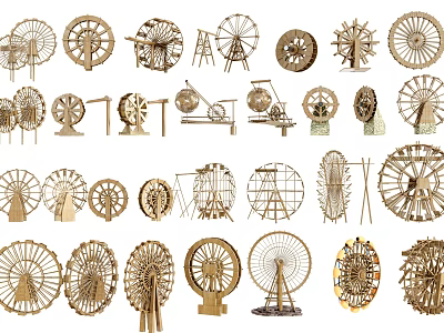 Various Wooden and Metal Garden Ornaments Including Windmill and Waterwheel Decorative Pieces 3d model