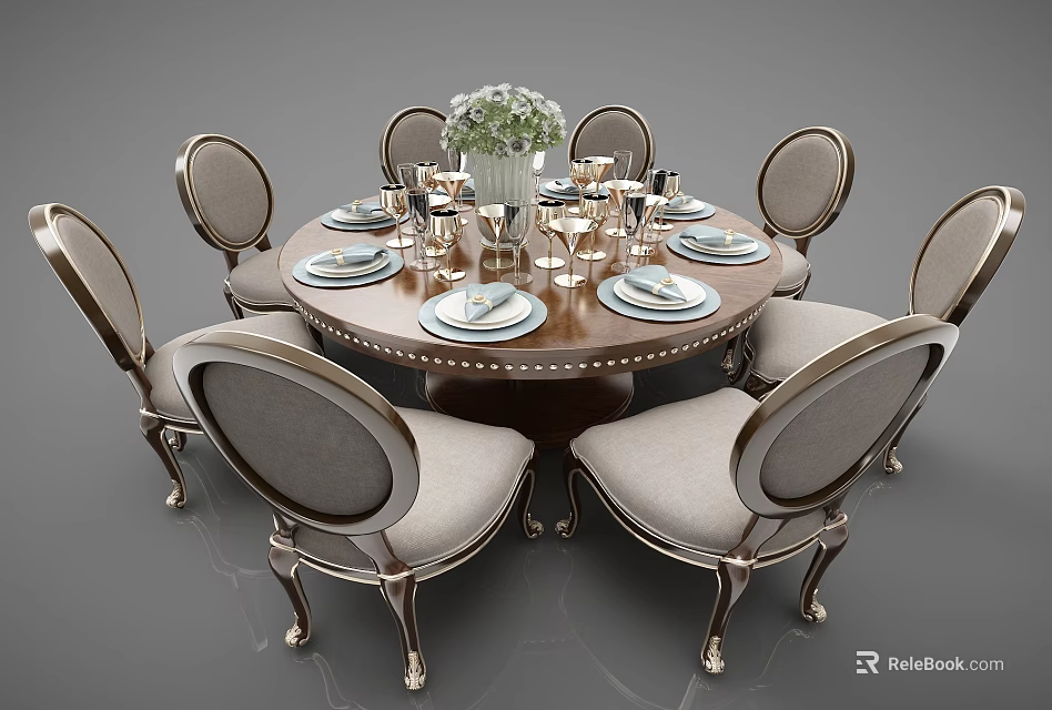 Elegant Round Dining Table Set With Six Upholstered Chairs And Floral Centerpiece 3d model 