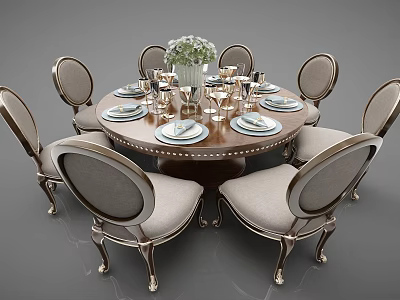 Elegant Round Dining Table Set With Six Upholstered Chairs And Floral Centerpiece 3d model