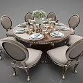 Elegant Round Dining Table Set With Six Upholstered Chairs And Floral Centerpiece