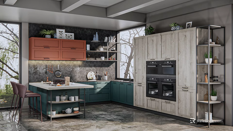 Colorful Modern Kitchen Interior With Orange Green Cabinets Island Counter Ovens Window Plants And Decor 3d model 