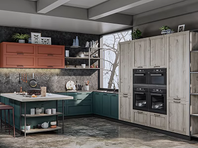 Colorful Modern Kitchen Interior With Orange Green Cabinets Island Counter Ovens Window Plants And Decor 3d model