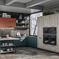 Colorful Modern Kitchen Interior With Orange Green Cabinets Island Counter Ovens Window Plants And Decor